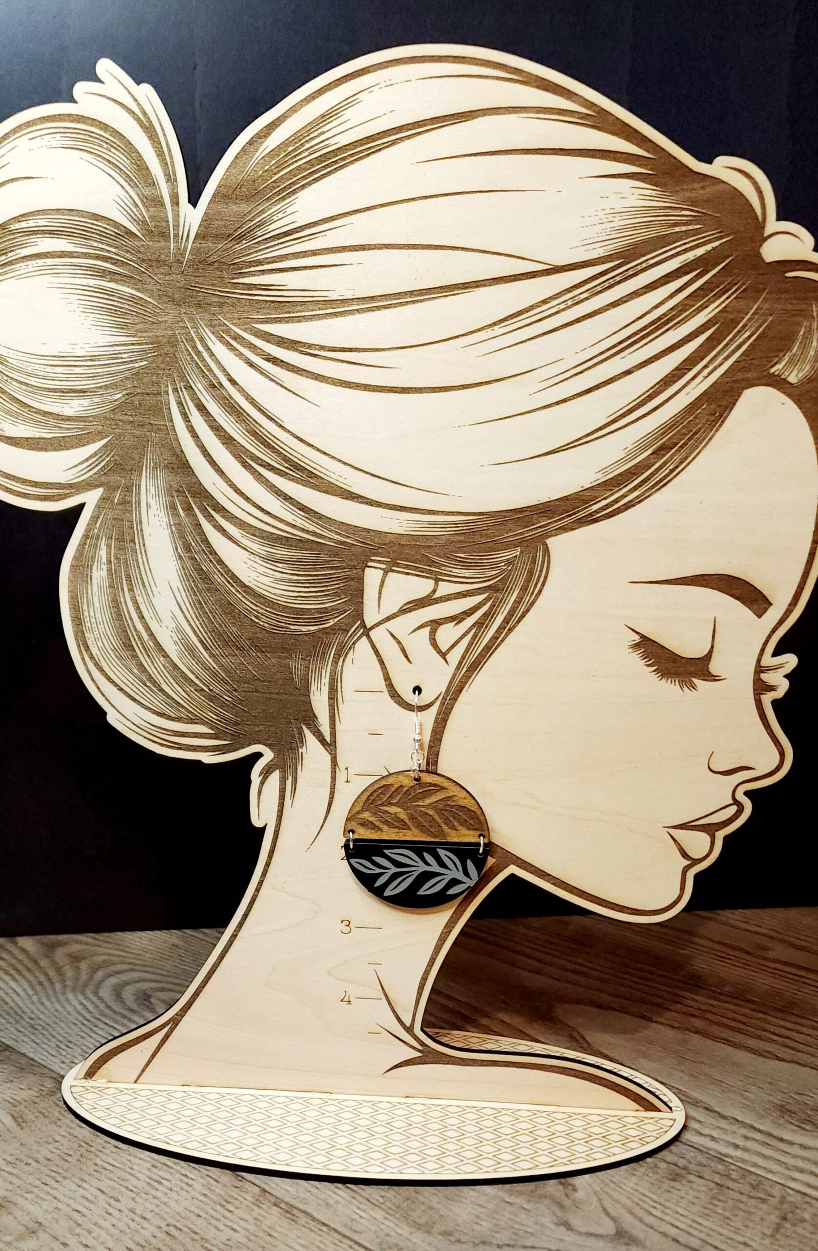 Wood & Acrylic Earrings - Round Dark Leaves image