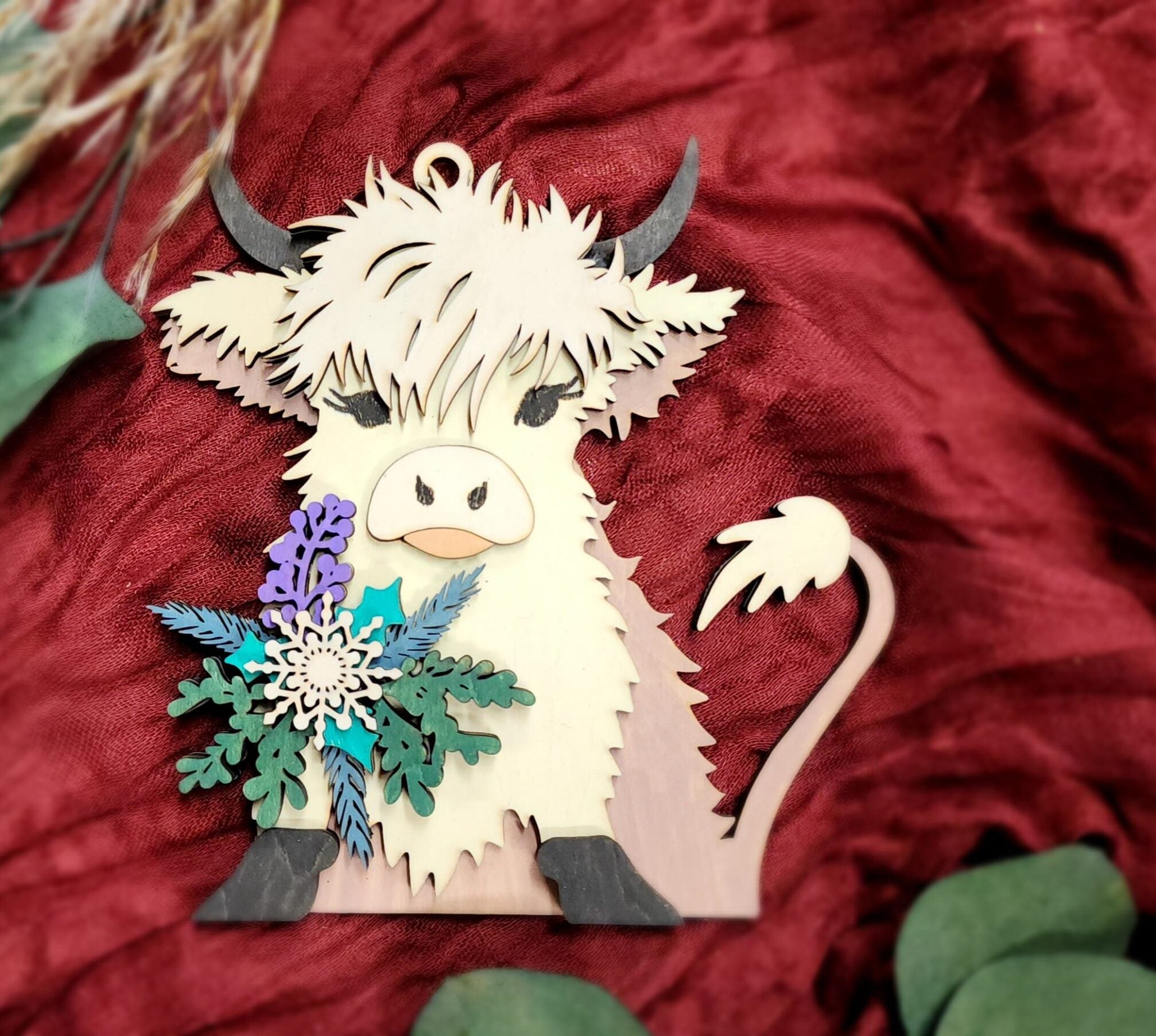 Wooden Highland Cow Ornament - Blue Leaves Purple Berries image