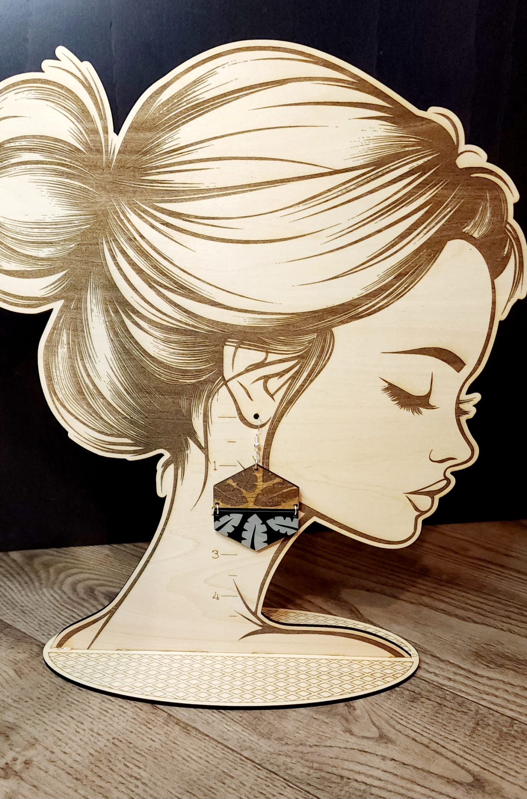 Wood & Acrylic Earrings - Hexagon Dark Leaves image