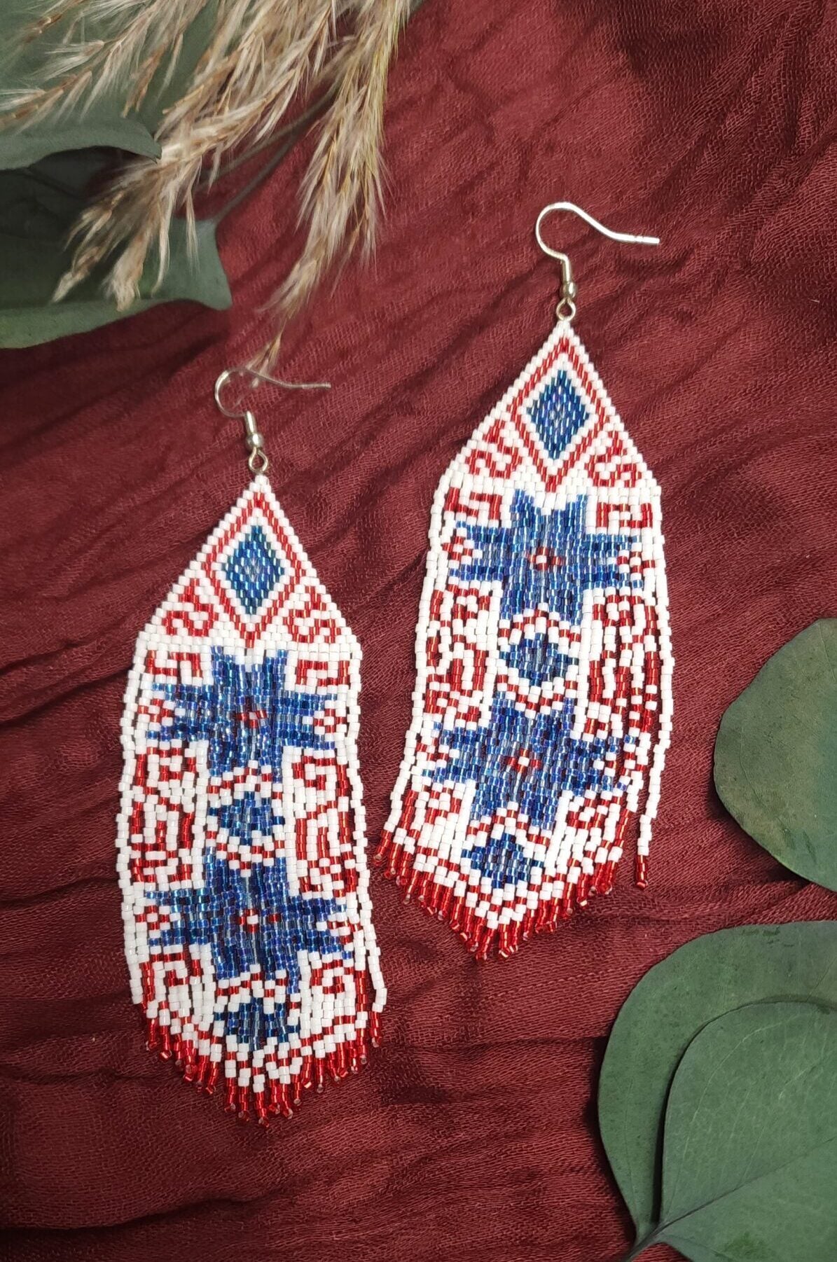 Beaded Earrings - Blue White Red image