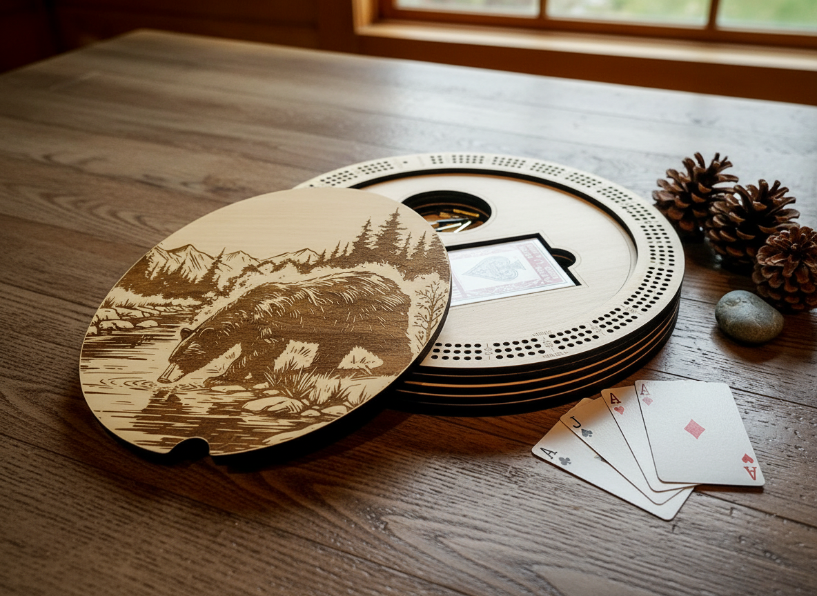 Bear In Water Design Cribbage Board with cards