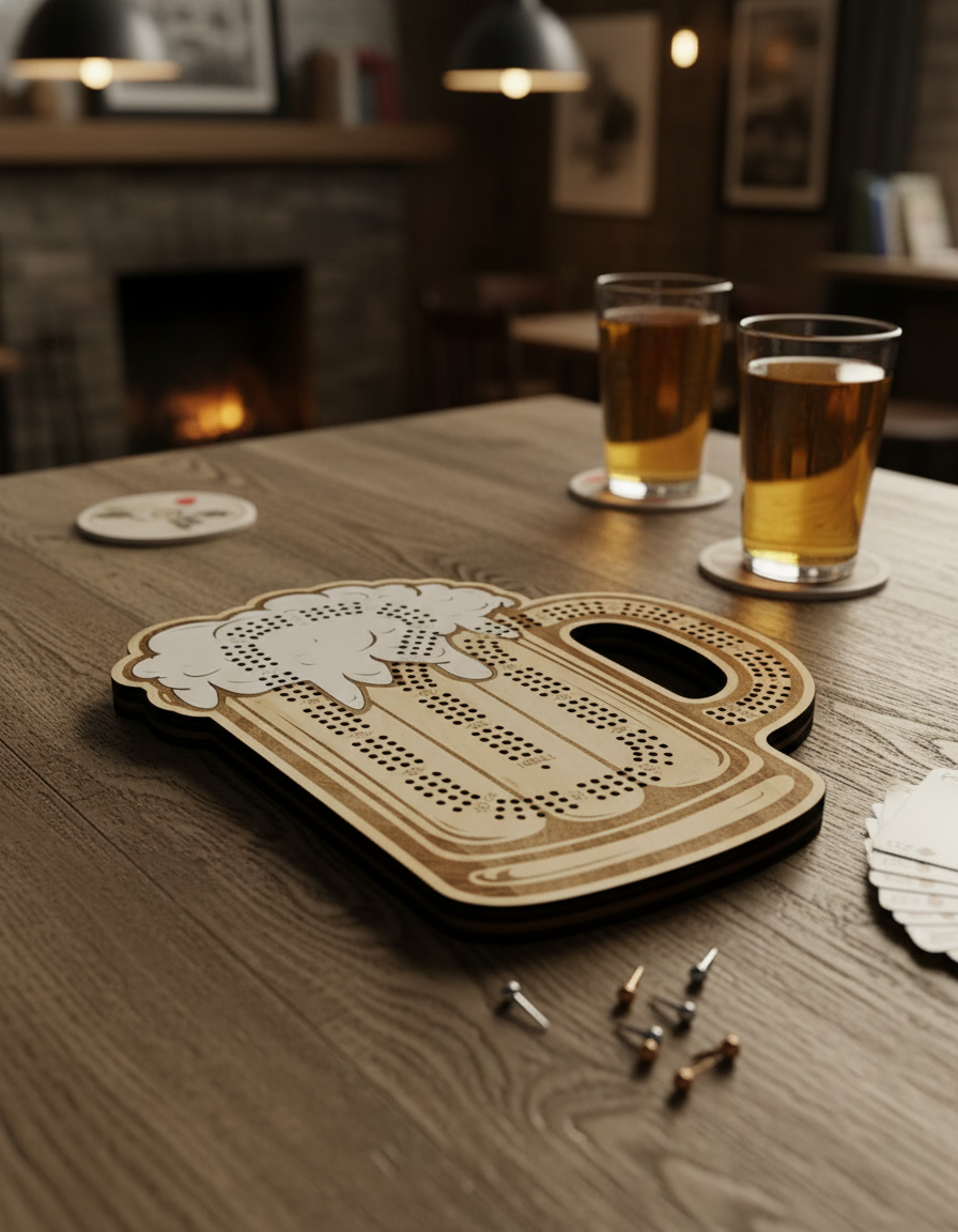 Beer Mug Cribbage Board in game night setting